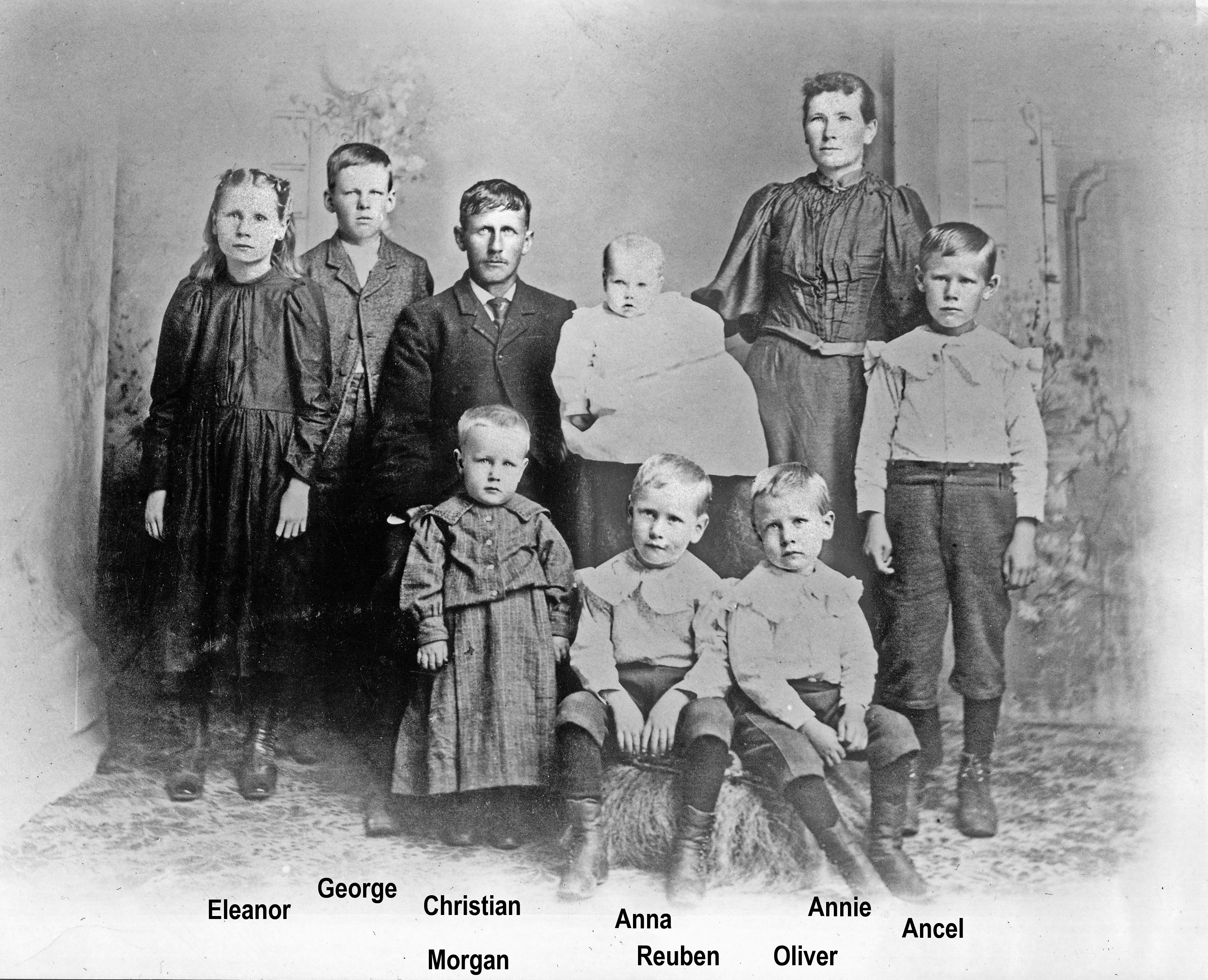 1901 Eleanor, George, Christian, Morgan, Anna, Reuben, Oliver, Annie, Ancel OH16-2 P68m Christian, Anna, Children